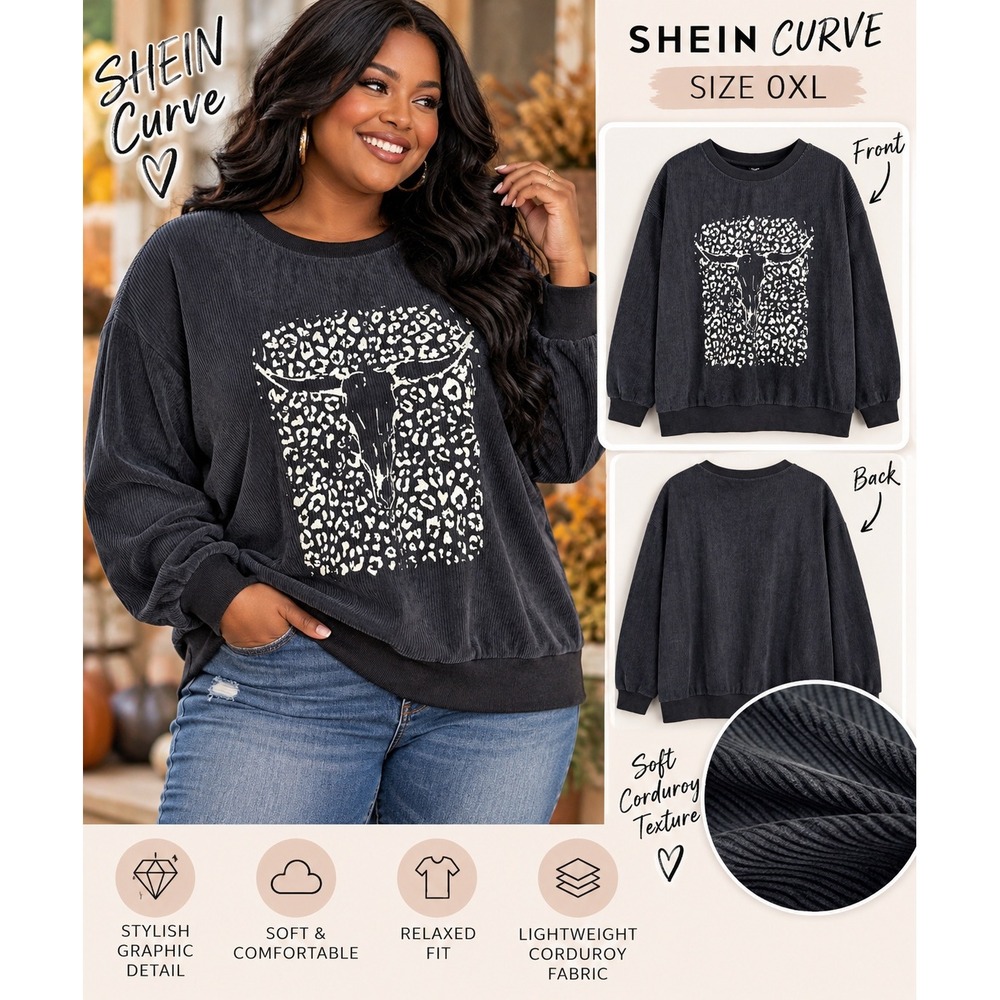 SHEIN Curve Leopard Print Pullover Sweatshirt Charcoal Gray Plus Size 0XL